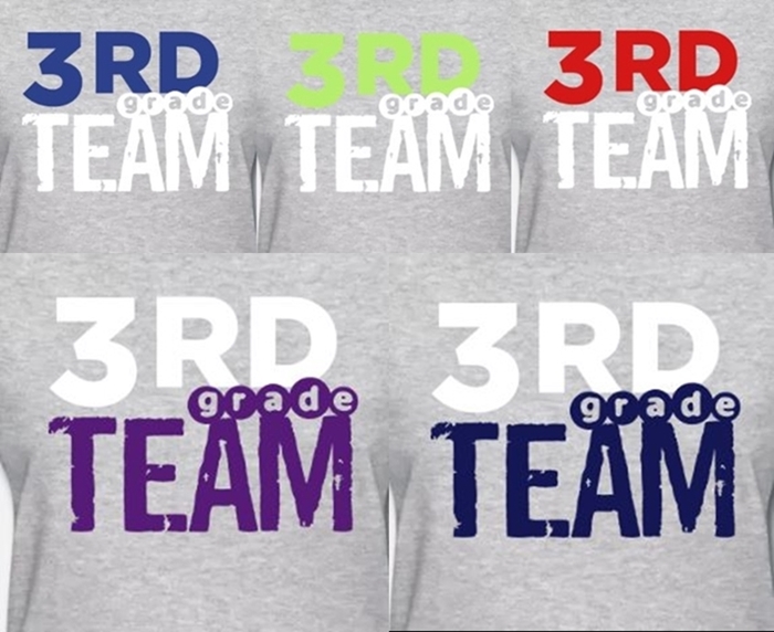 grade level teacher t-shirts all with different color designs